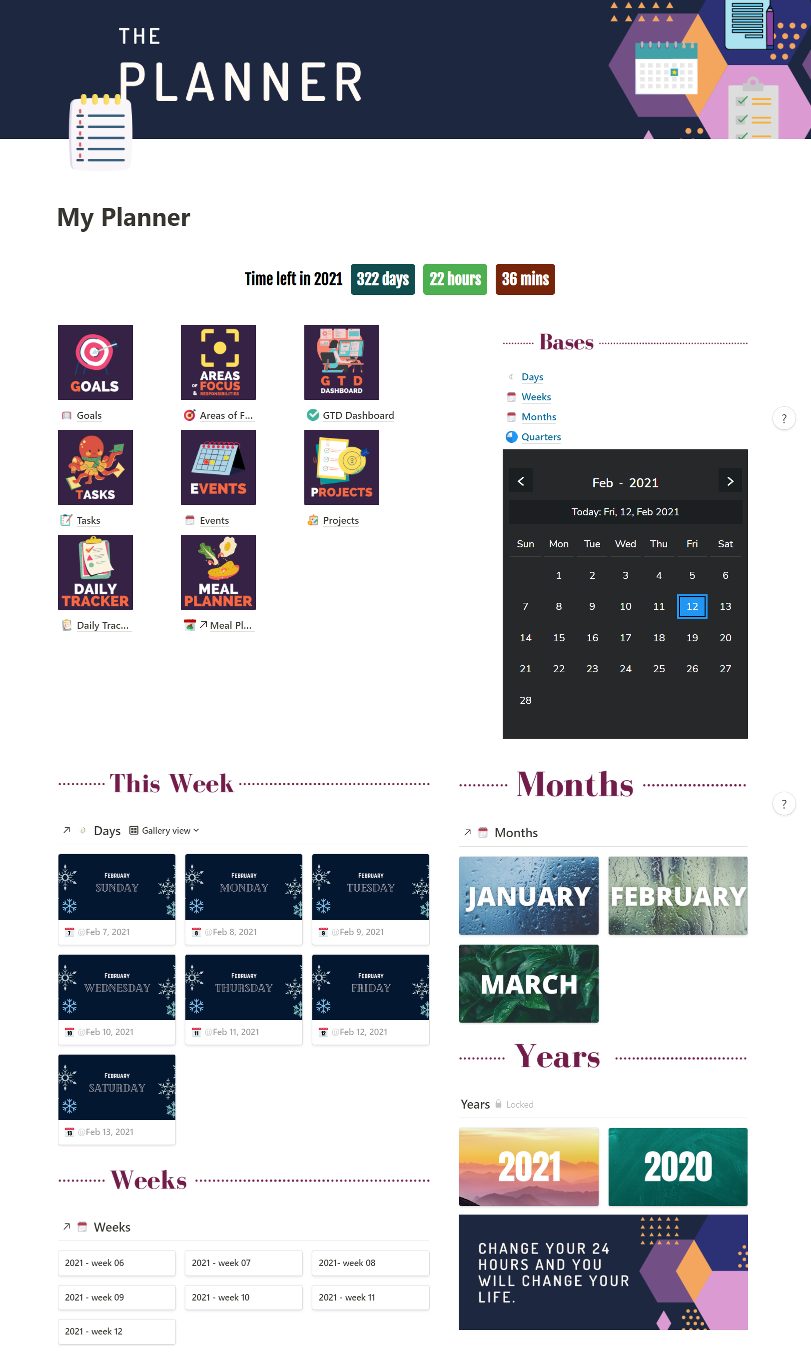Notion planner template with calendar widget
