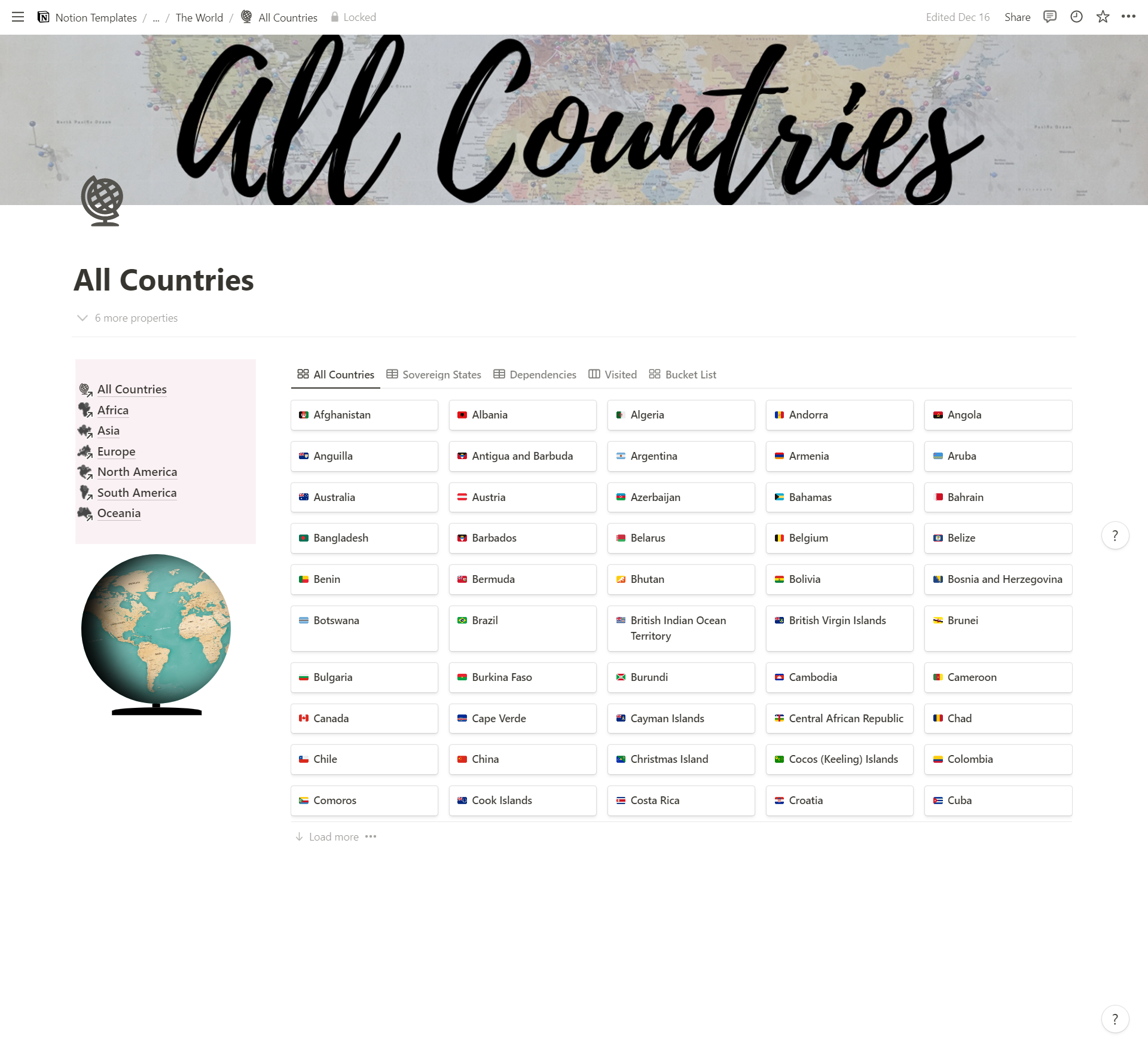 Notion Travel Planner : Countries Database