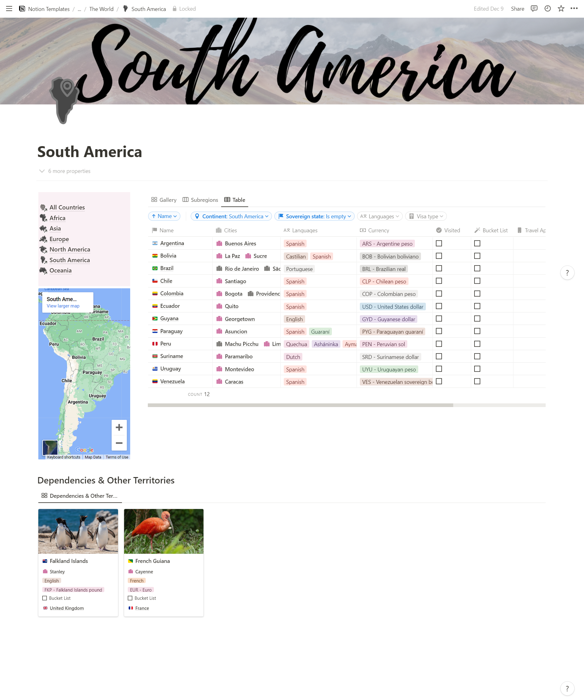 Notion Travel Planner : Contries by Continent