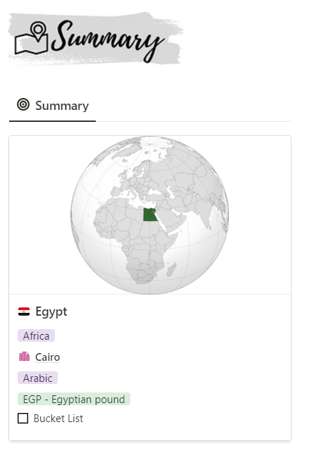 Notion Travel Planner : Contry Summary section showing the country location on the globe , the capital city, the official language & currency