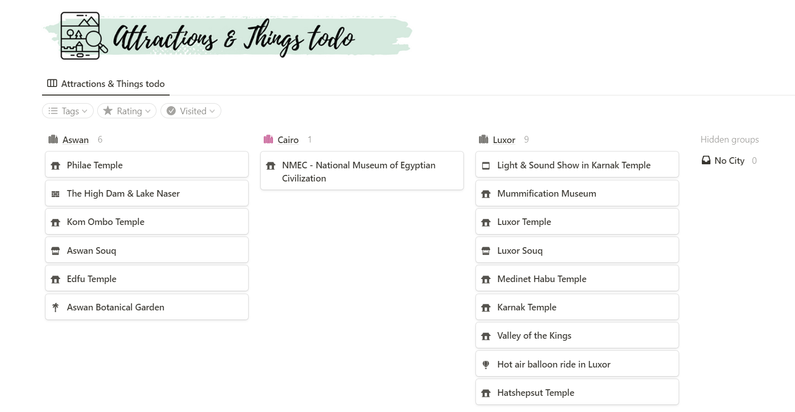 Notion Travel Planner : A list of allthe attractions and things to do in the country groybed by city.