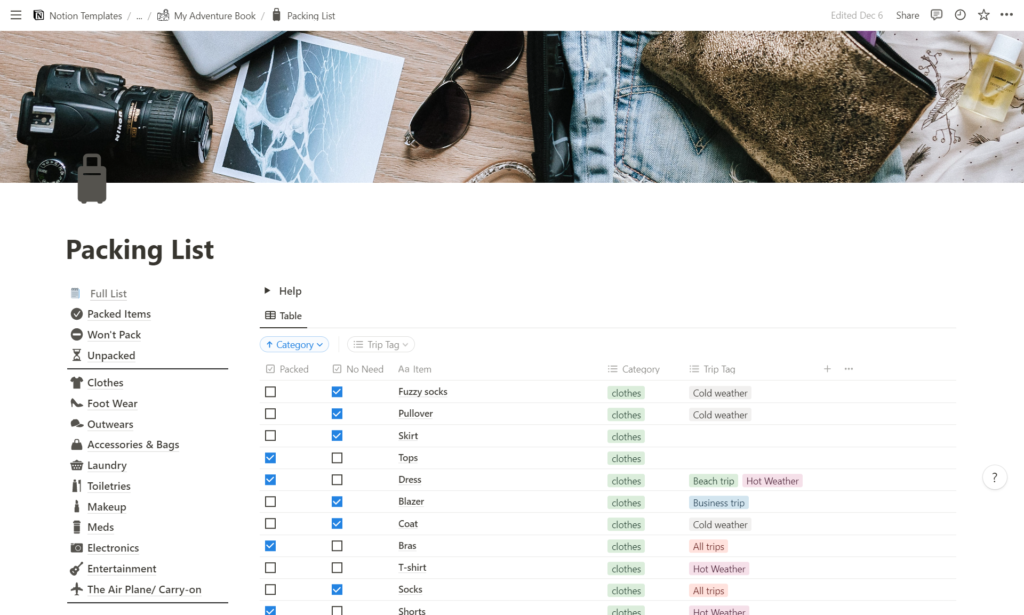 Notion Travel Planner : Packing list