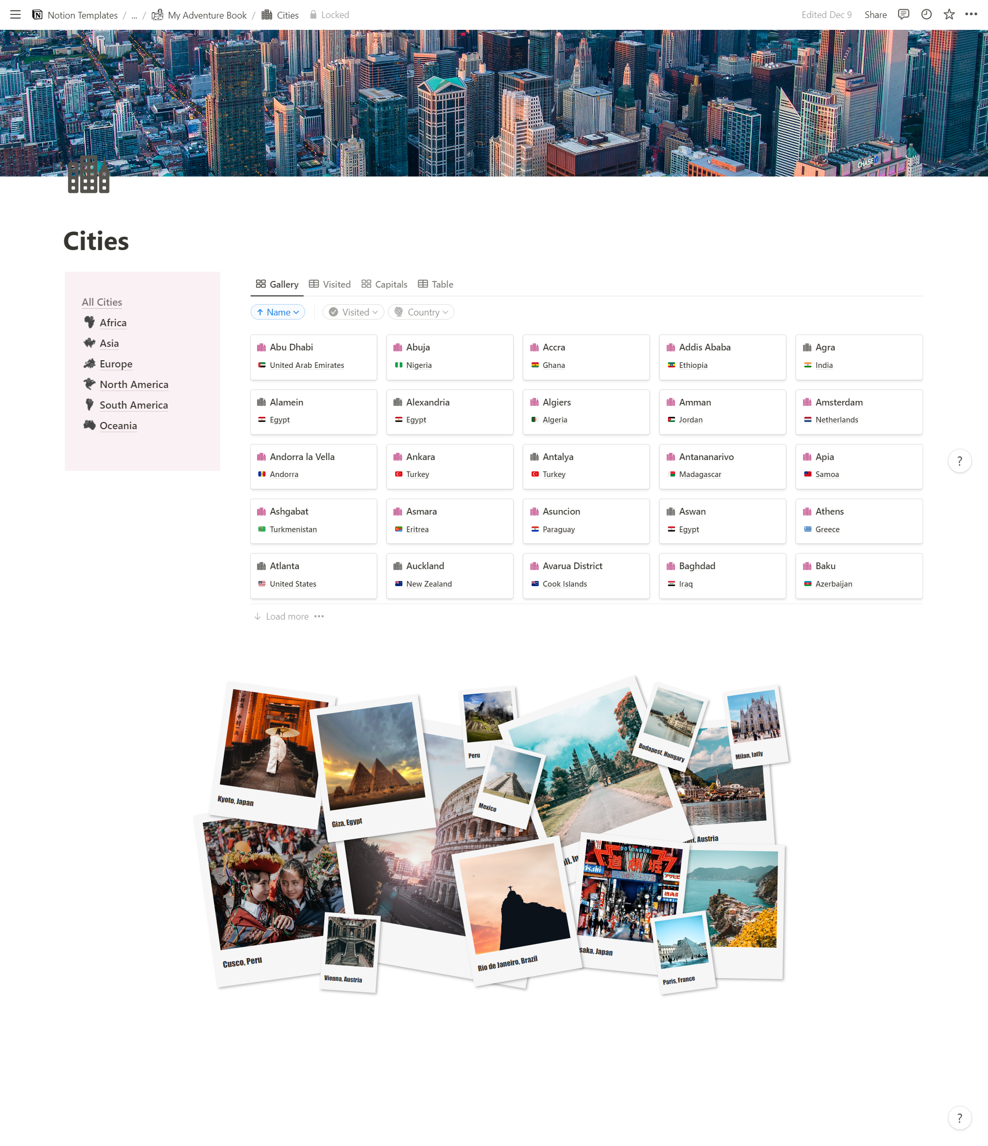 Notion Travel Planner : Cities database