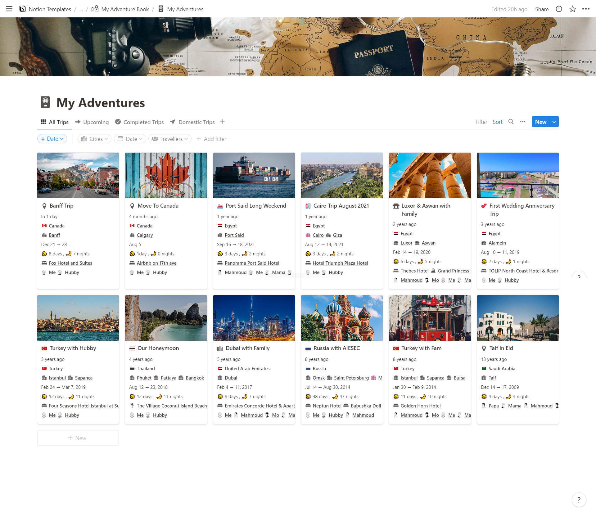 Notion Travel Planner : Adventures / trips database