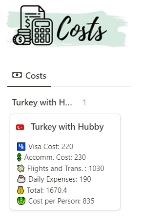 Notion Travel Planner : Trip cost view