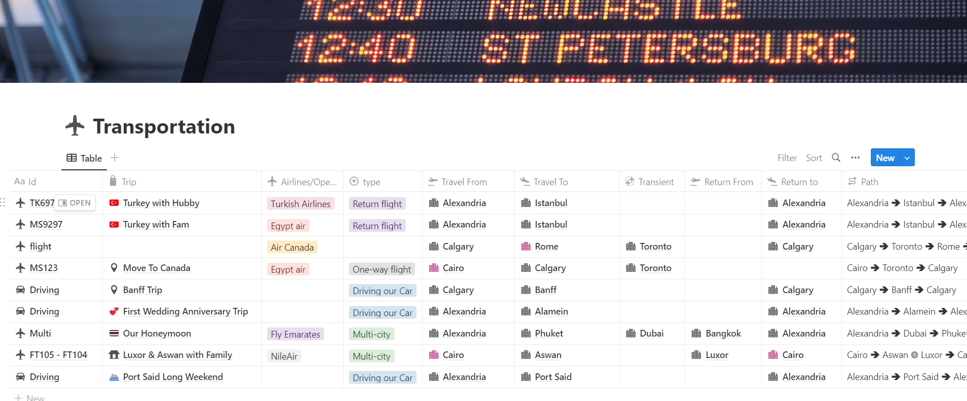 Notion Travel Planner : Transportation database