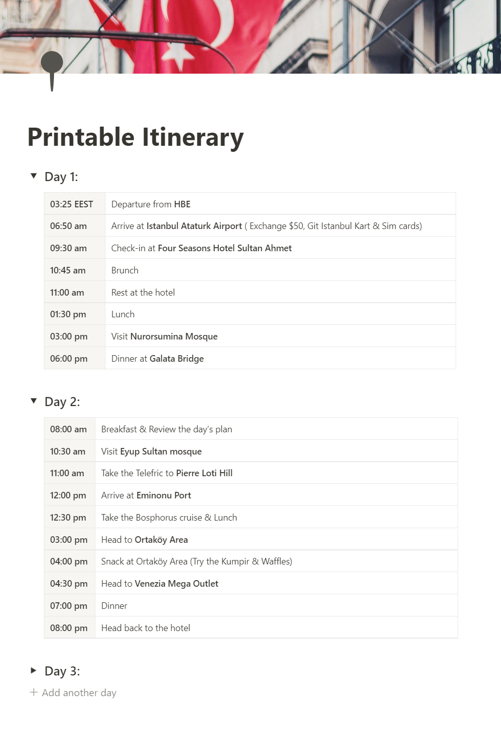 Notion Travel Planner :  Printable Trip Itinerary