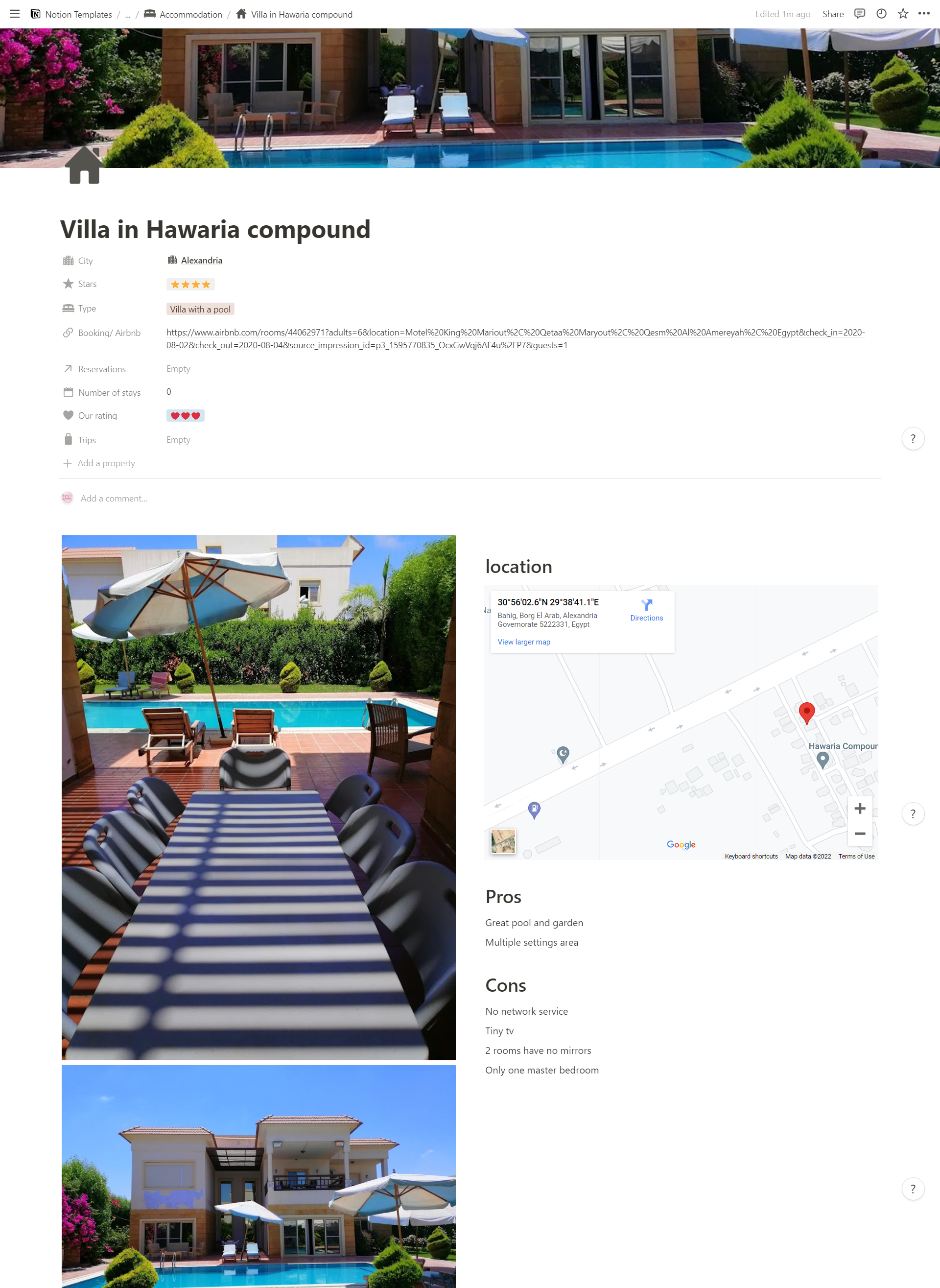 Notion Travel Planner : Hotel template showing pictures of the hotel, its location and a list of pros and cons